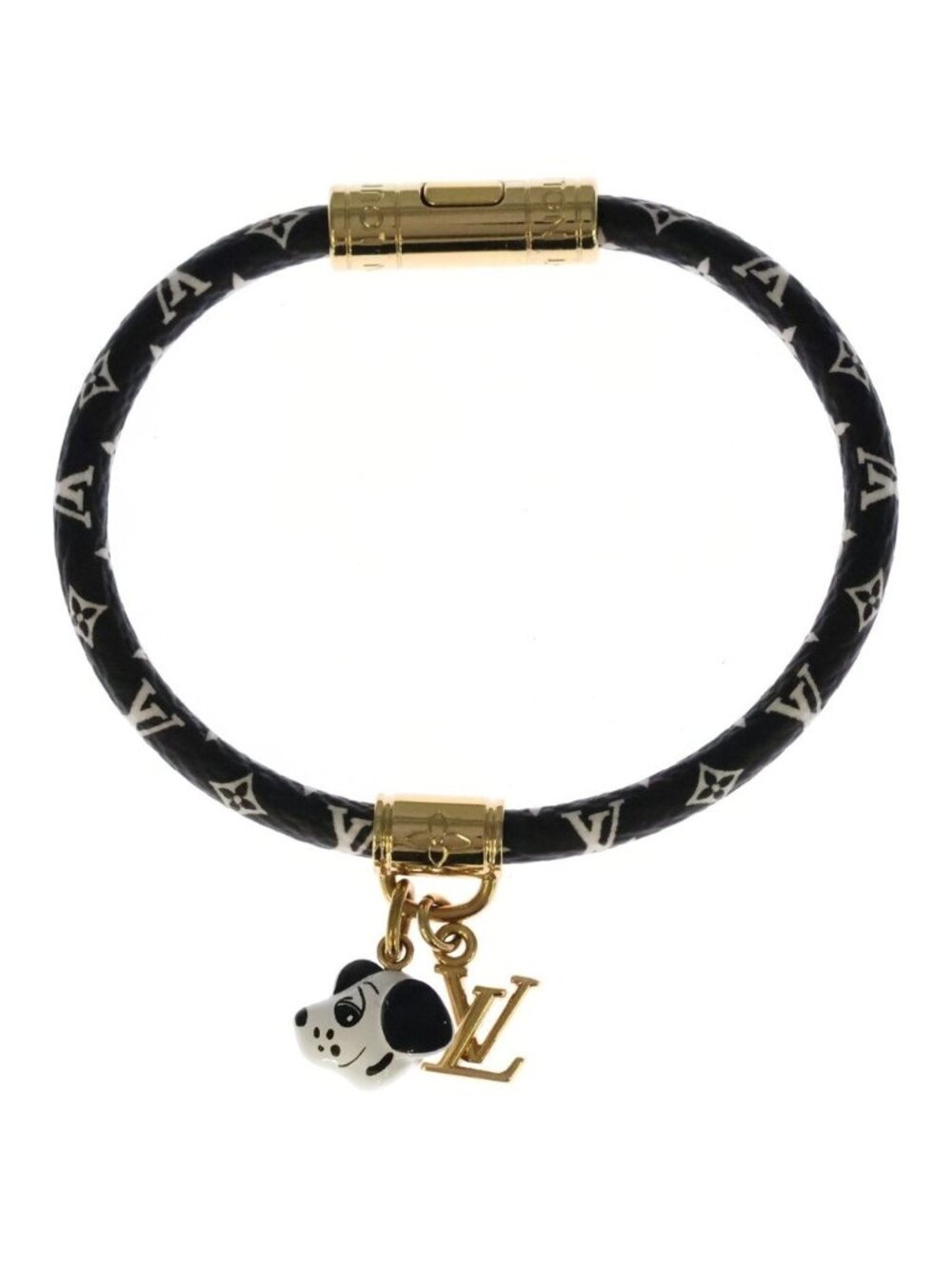 Louis Vuitton Dog Charm LV Push Leather Bracelet Black Gold